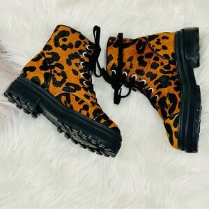 Schutz Womens Maylova Combat Boot Leopard Calf hair Brown Lug Sole Size 7.5B